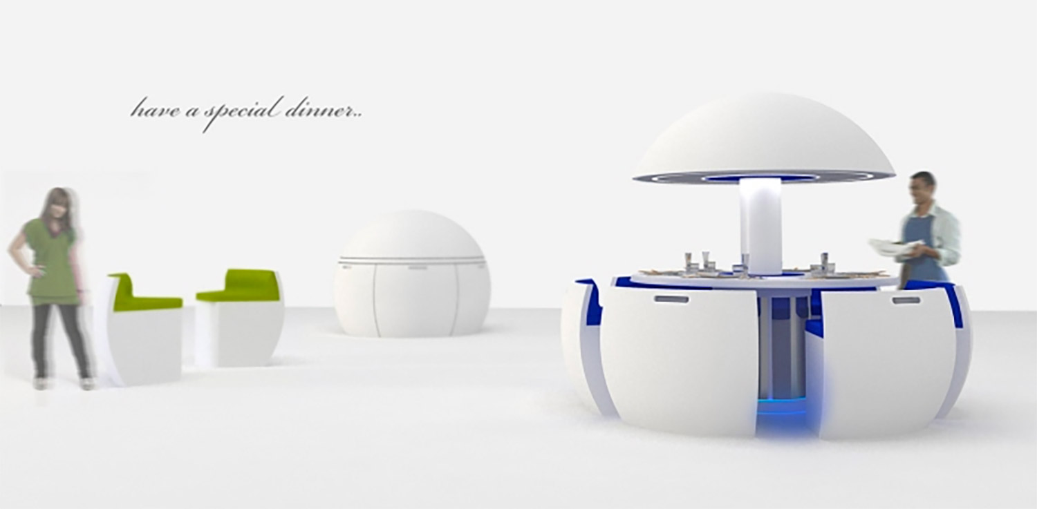 3d image of white colored Kure Futuristic Dining Table Turns Into an Egg on white surface