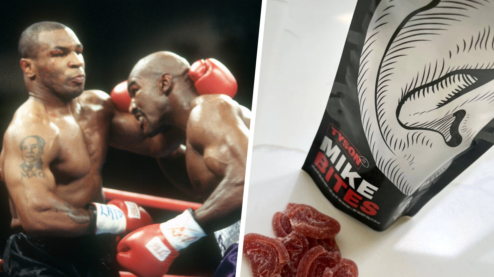 On the left is Tyson and Holyfield's boxing scene and on the right is the ear-shaped cannabis and its packaging