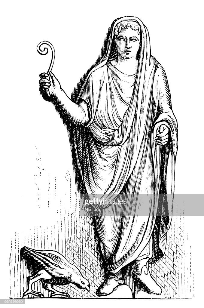 A black and white illustration of an Augur holding lituus