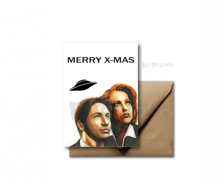 An artistically painted pic of a man and a woman with ufo in a merry Xmas card
