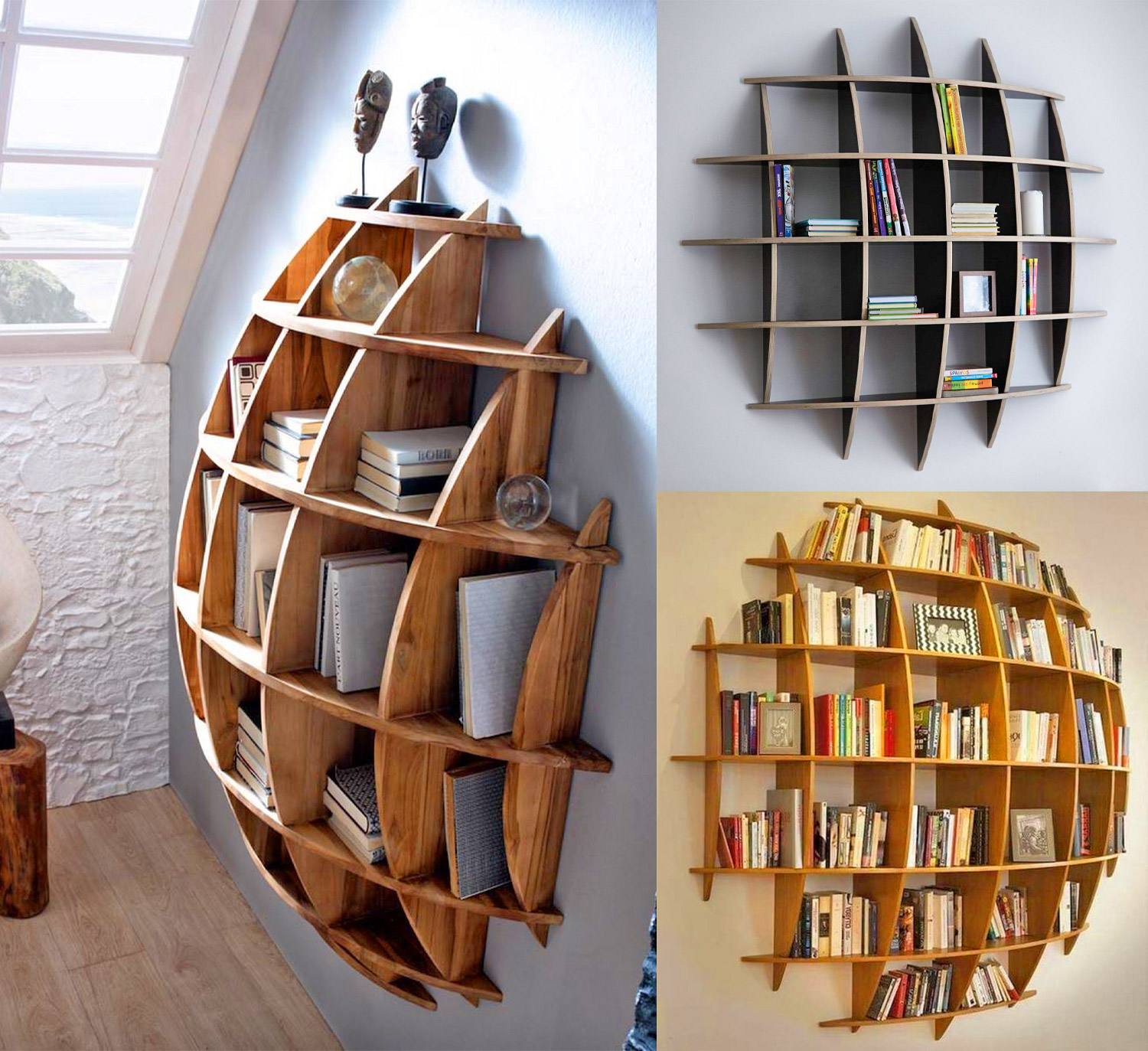 Brown colored wooden sphere shelf Disappearing Into The Wall Bookshelf 