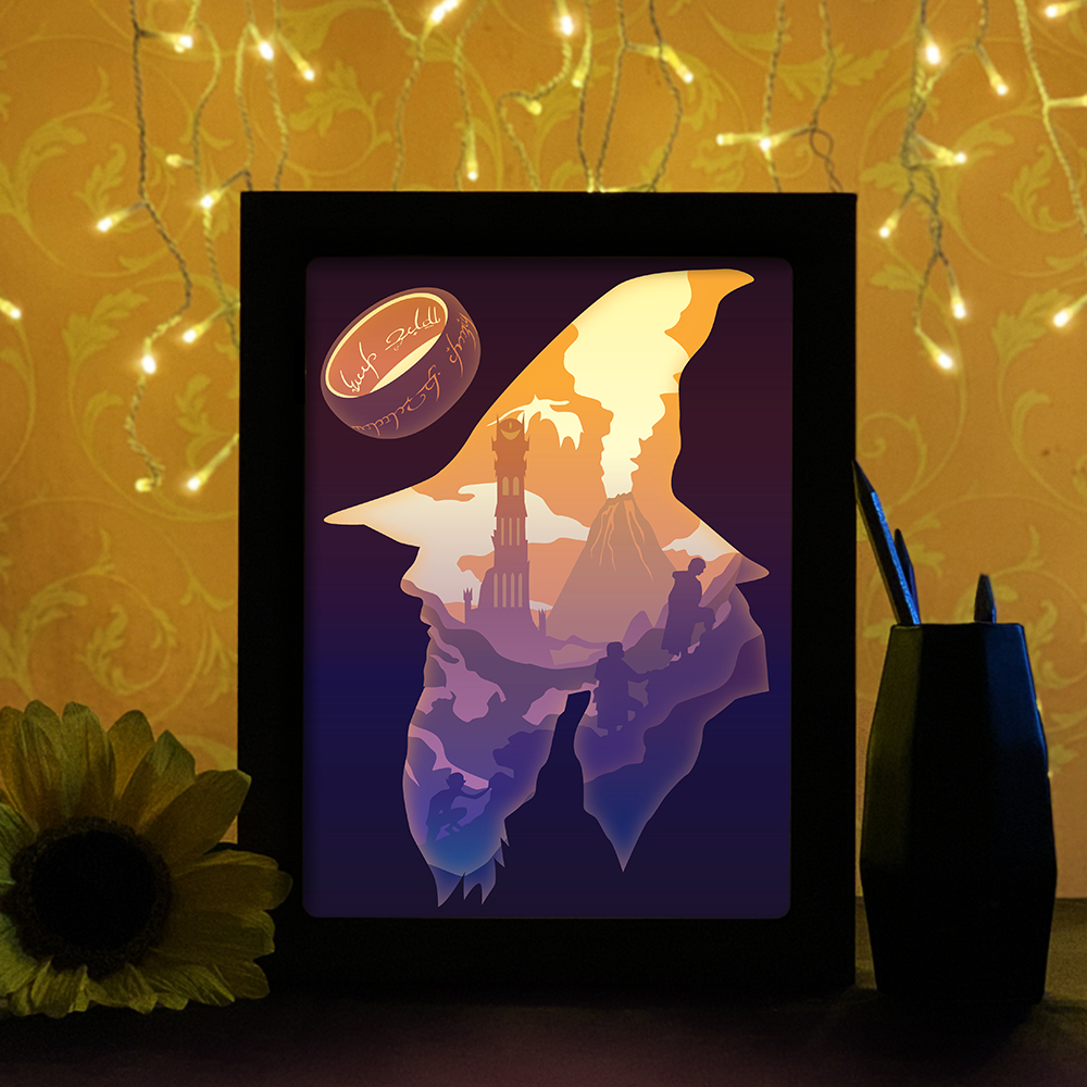 Purple and yellow colored LOTR Lightbox set with black frame on a yellow bg