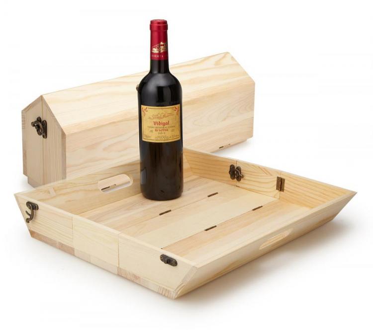 A foldable skin-brown wooden tray with a bottle of wine