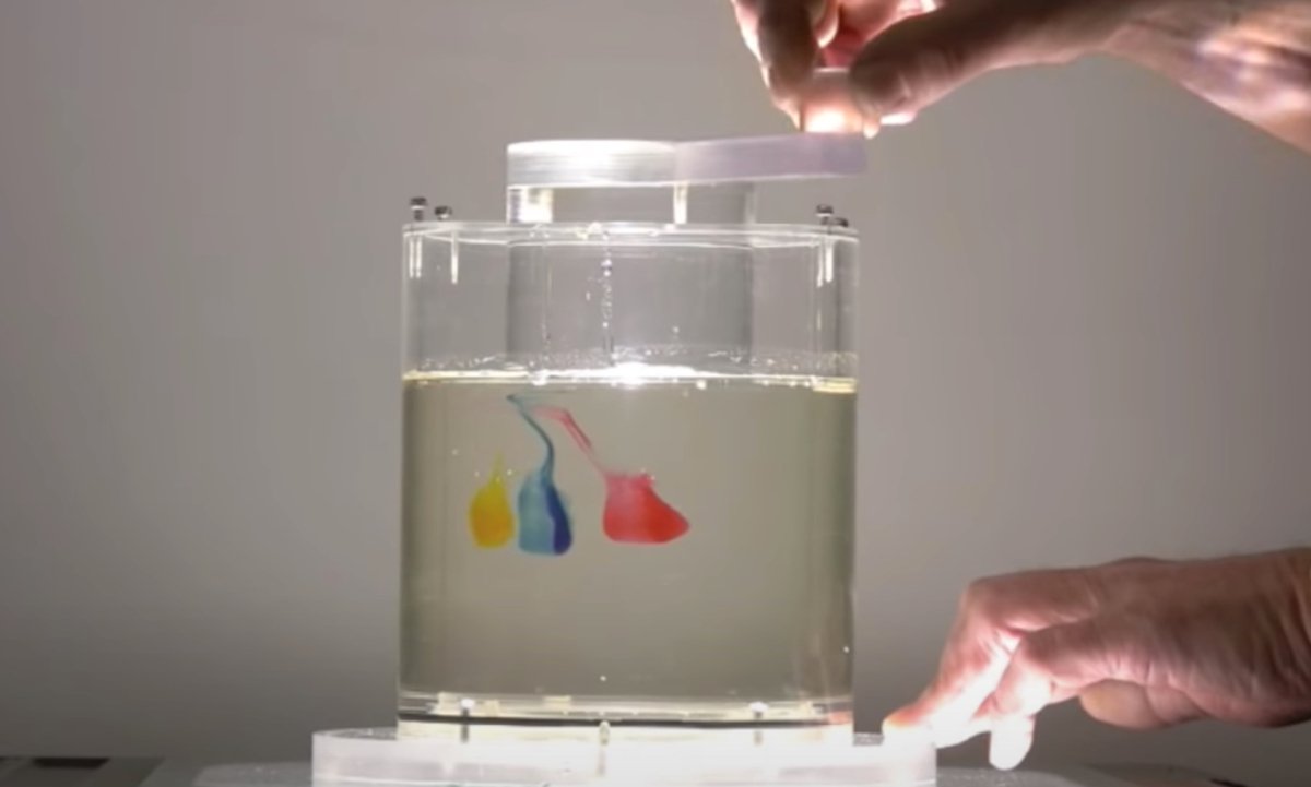 Demonstration Of Stokes Flow In A Corn Syrup with blue, red, and yellow colored drops in a glass jar