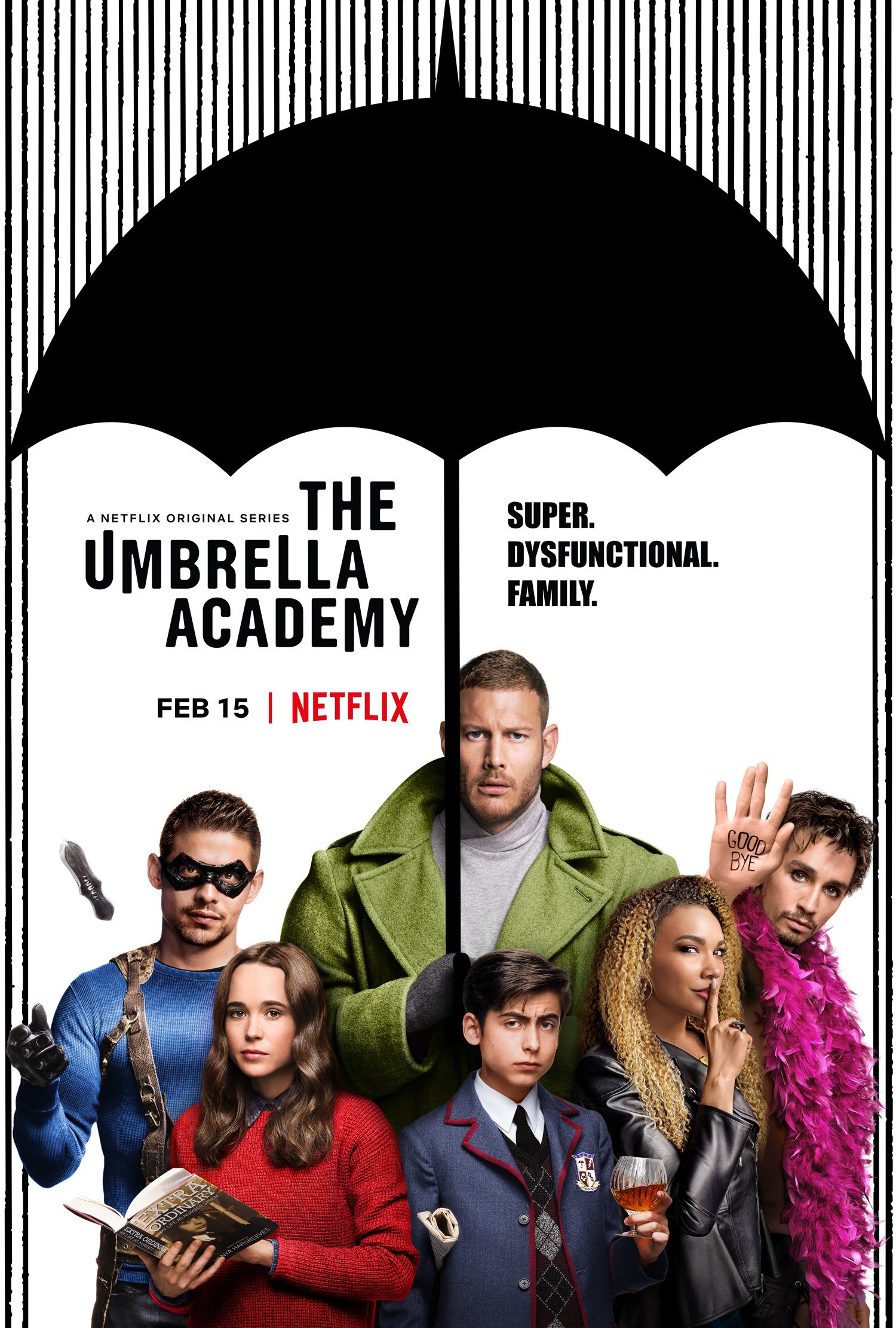 4 men and 2 women in a poster of 'the umbrella acdemy'
