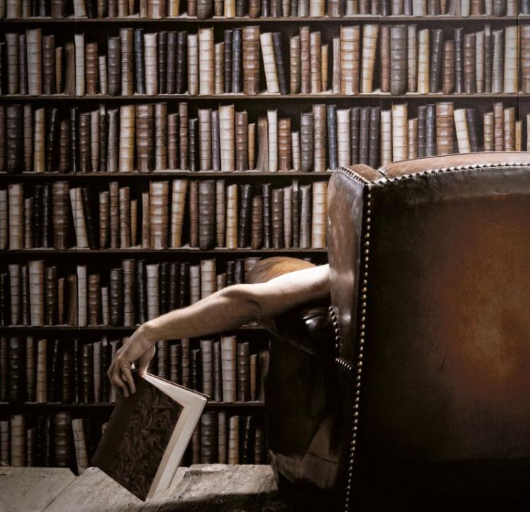 A person holding a book against a brown colored library bookcase wallpaper