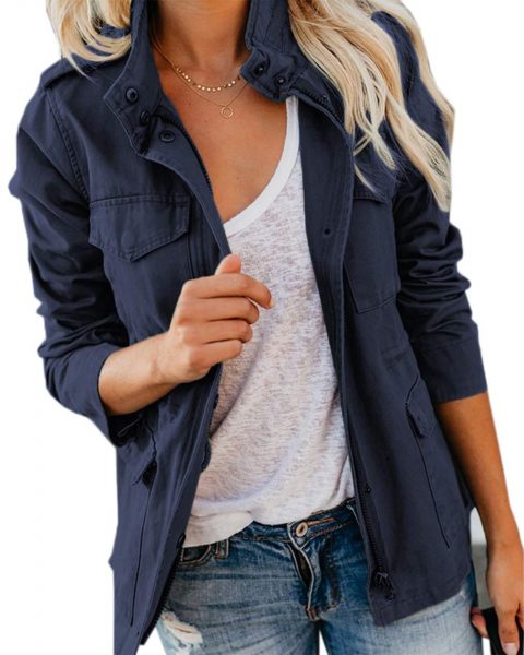 A lady wearing navy blue Women’s Utility Jacket