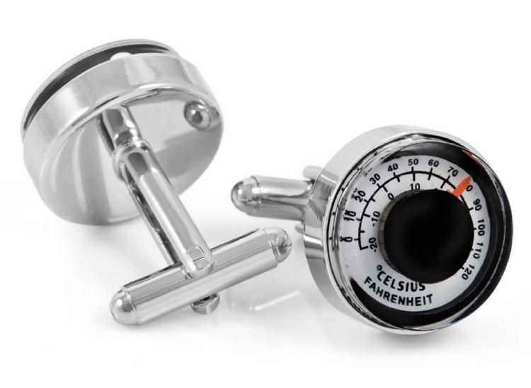 Silver thermometer cufflinks with black dial