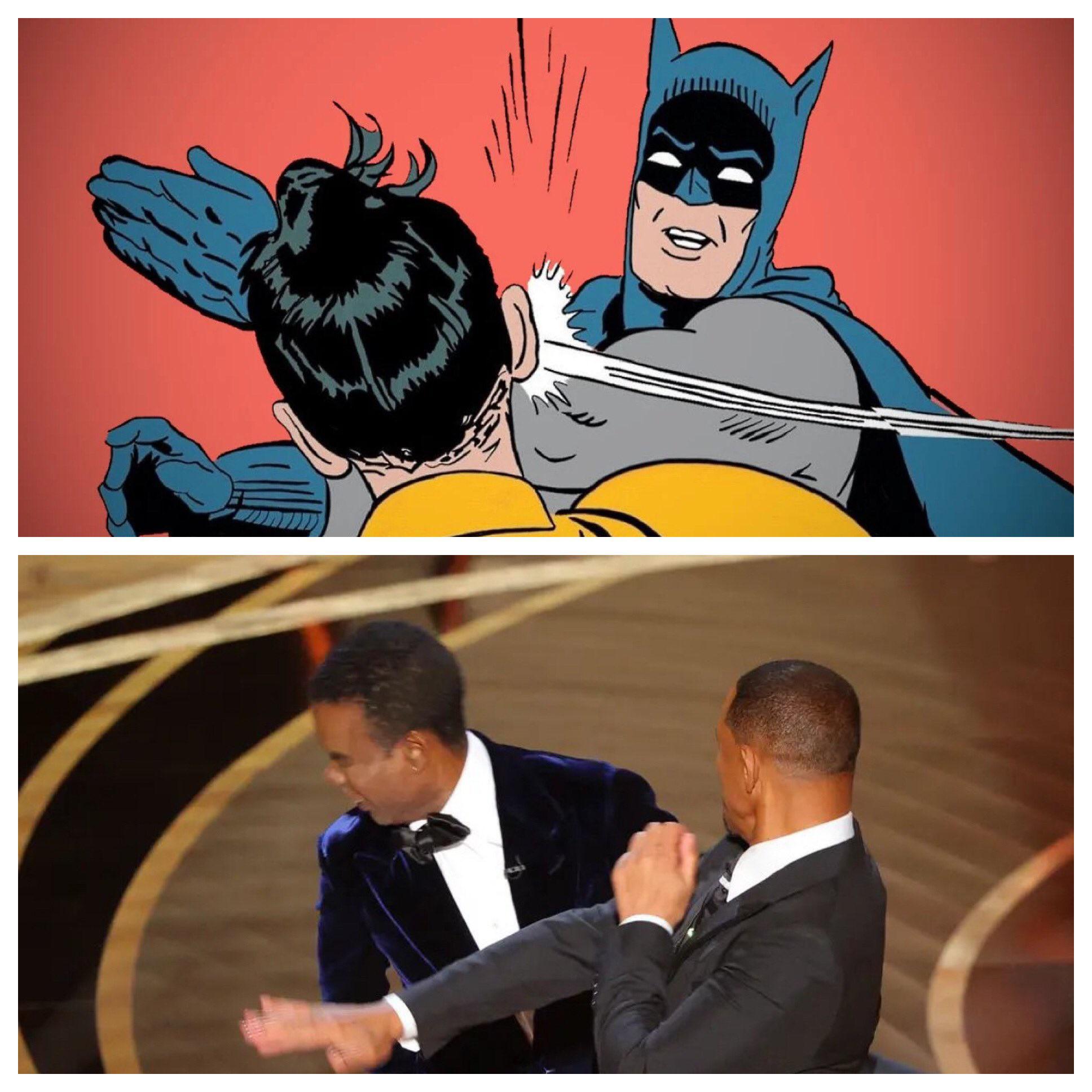 Batman slapping another man on upper picture and will smith slapping chris rock on the other picture below