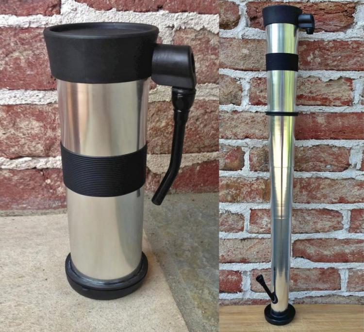 A stainless steel coffee cup that can e converted into a telescope