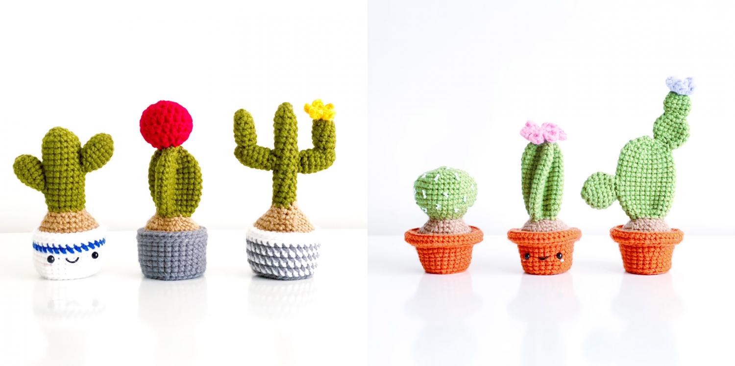 Some grass green and light green cacti crochet plants in crochet pots
