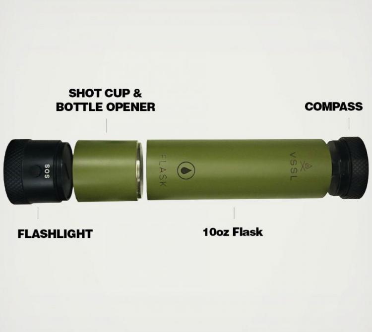 A green and black 4-in-1 portable set which includes a flashlight, compass, bottle opener, and 10 oz flask