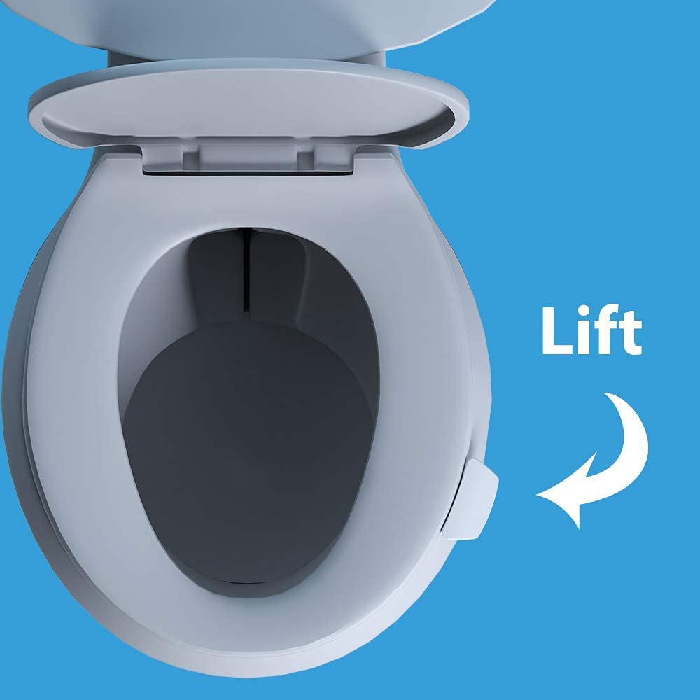 White-colored antimicrobial toilet seat handle on a white-blue commode
