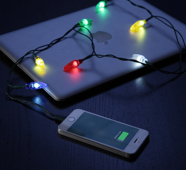 Red, green, blue, and yellow Christmas lights phone charging cable