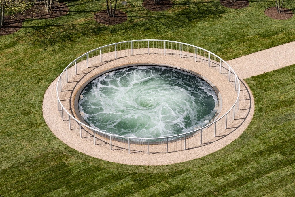 A drone shot of descension whirlpool in the park
