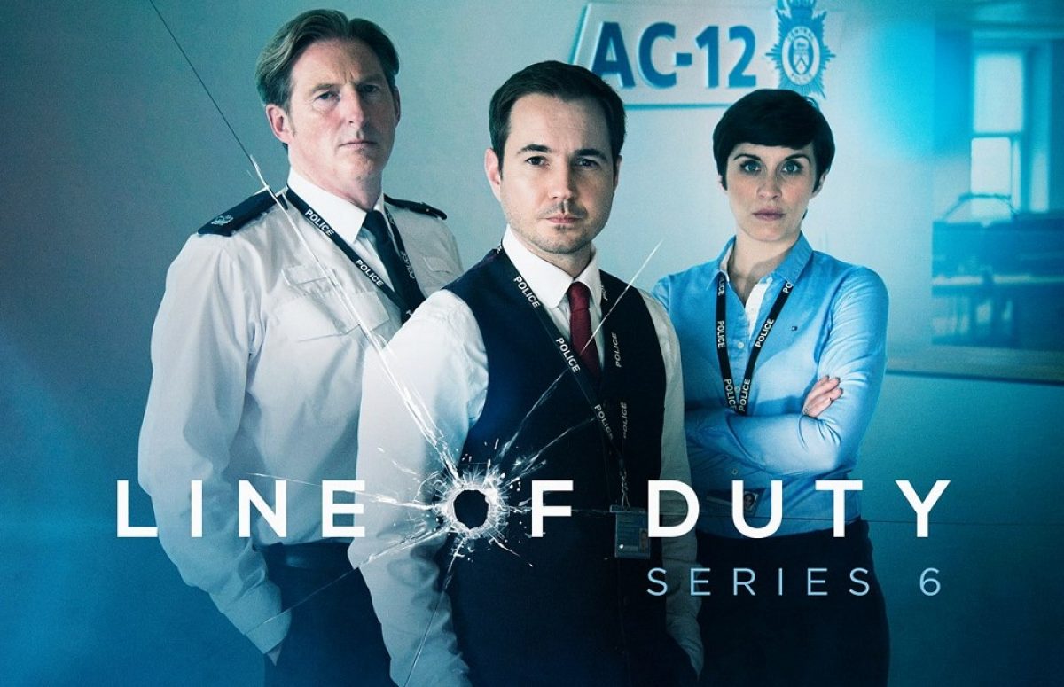 A white shirt wearing man, a man wearing a white shirt with a black jacket, and a girl wearing a blue shirt in line of duty series six poster