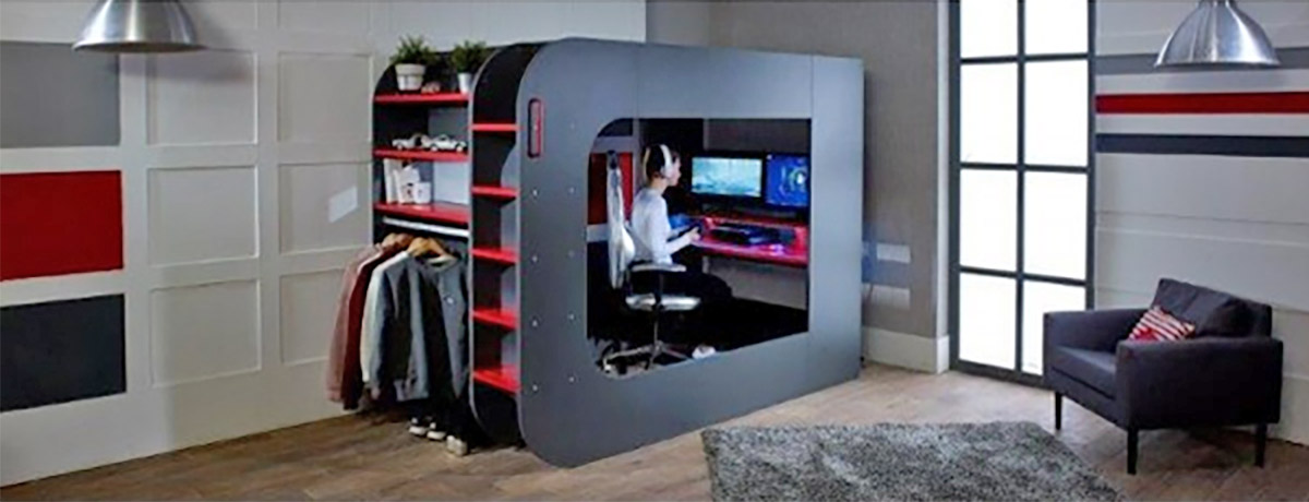Distant view of red and grey colored pod bed ultimate gaming bed