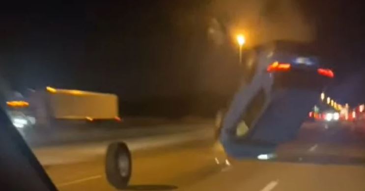 SUV Flips Over As It Runs With A Lose Tire On The Highway
