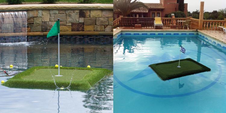 Green grassy golf float with a green flag in the pool