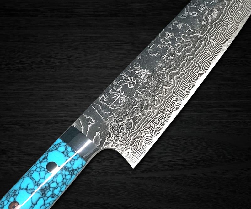 Stainless steel forged Damascus knife with blue and black pattern
