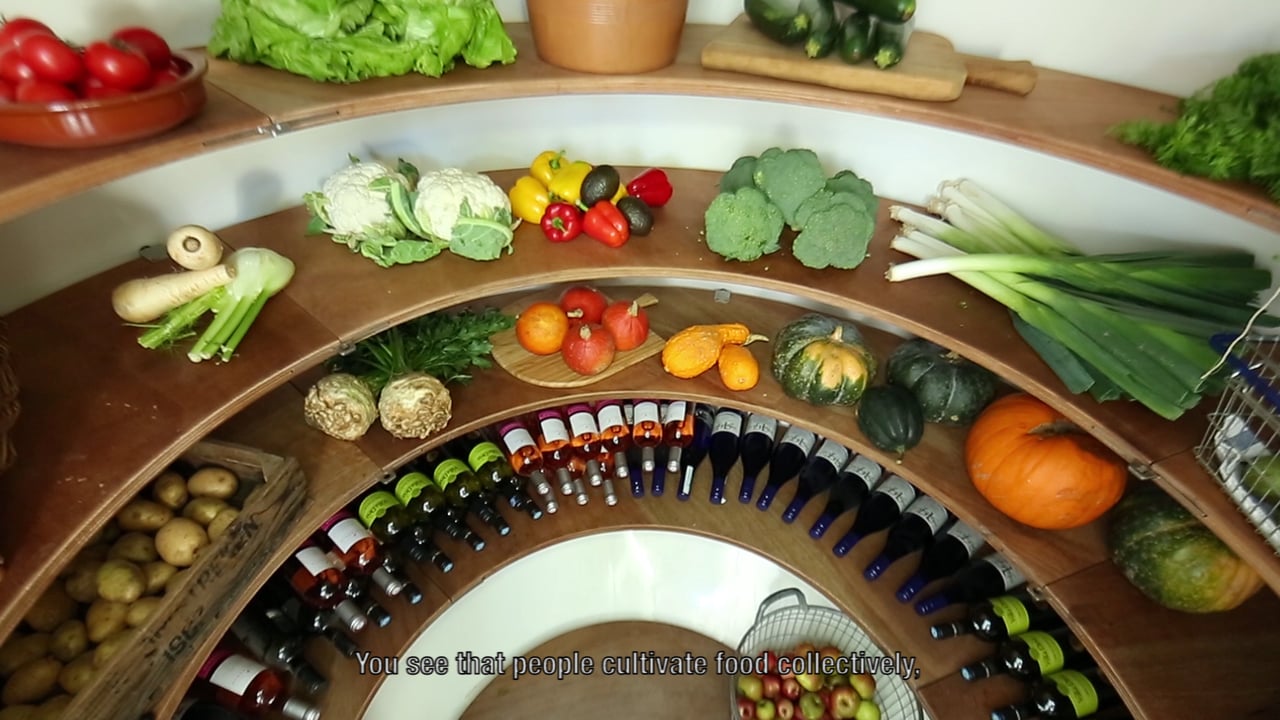 Inside of groundfridge containing fruits, vegetables, and wine bottles on wooden shelves