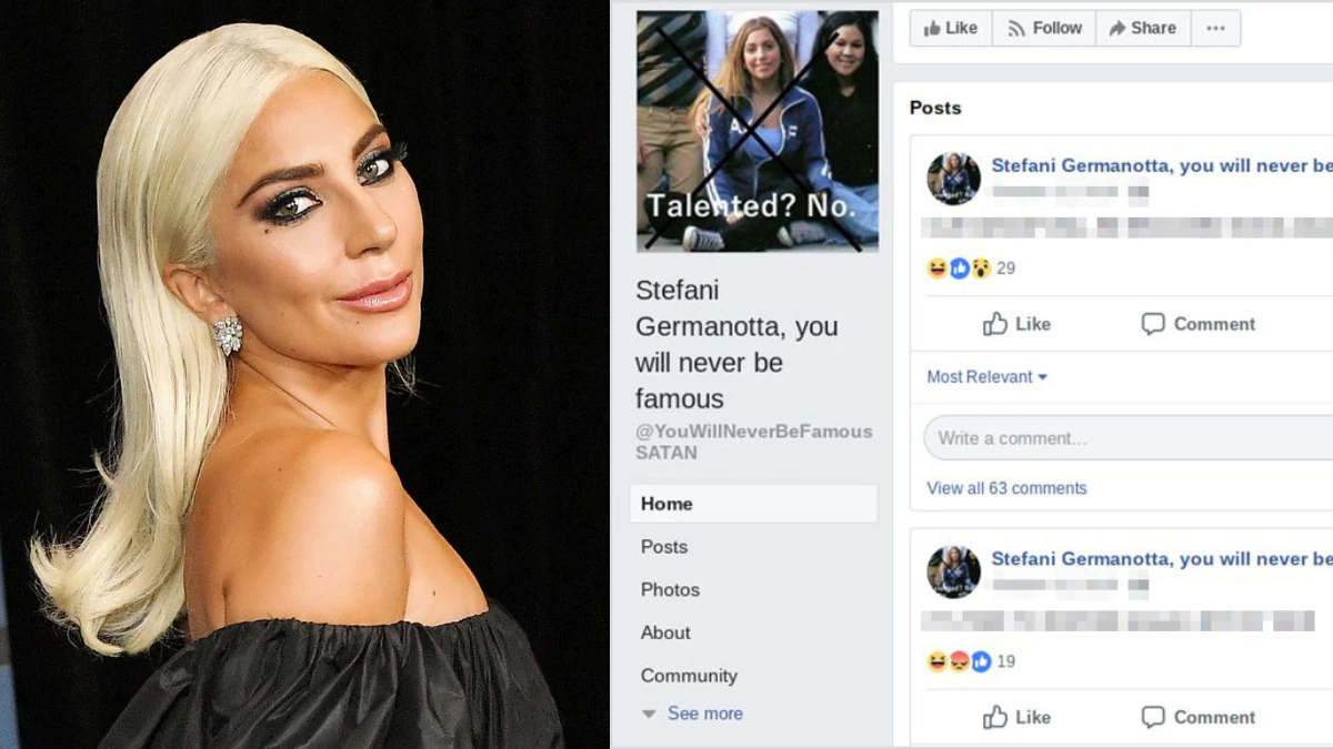 Lady gaga wearing a black off-shoulder dress with sleek hair; FB comments on FB group' Steffani Germanotta'