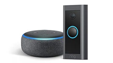 Black colored with blue illuminated light detailing doorbell with an Echo Dot