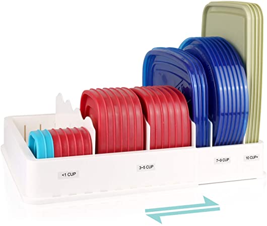 Tupperware Organiser with different colors and sizes of Tupperware in it