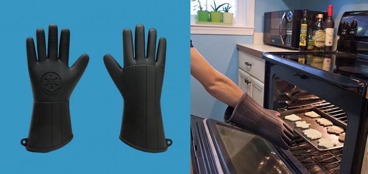 Black silicon baking gloves; a girl ,wearing  black silicon gloves, taking out cookies from the oven