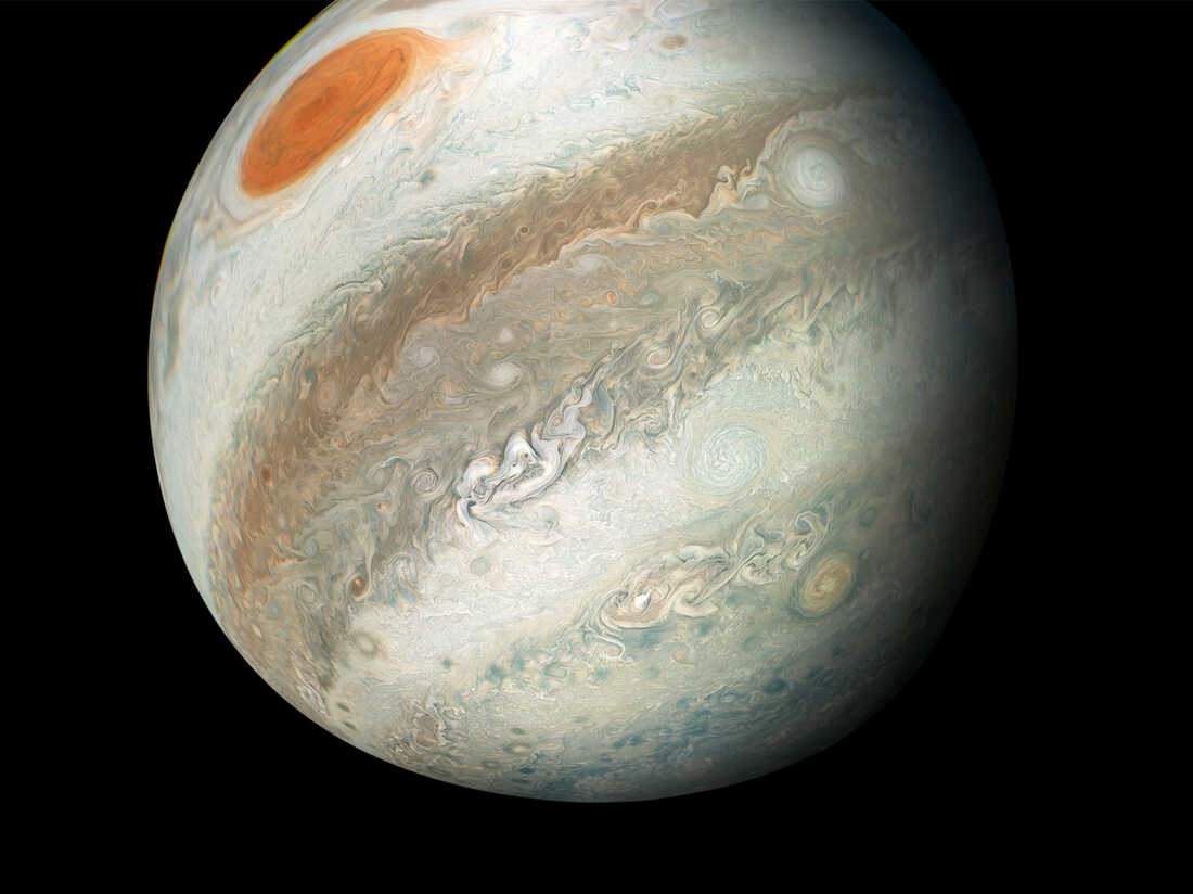 A close up shot of jupiter planet with its great red spot