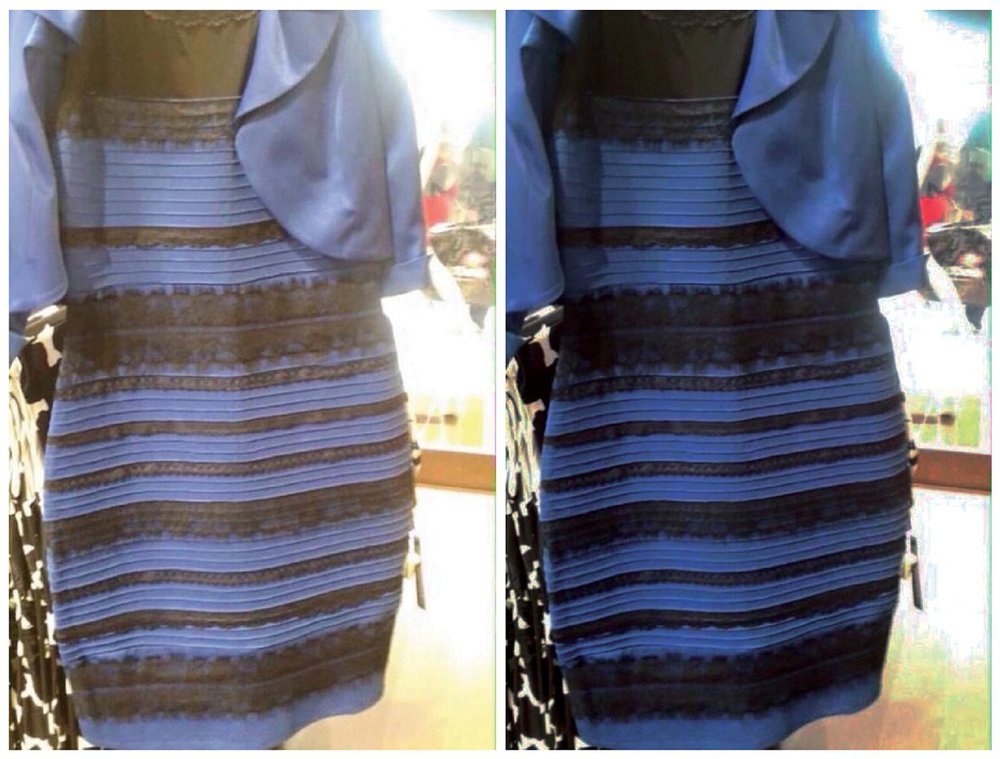 A white and gold dress on the left side and blue gold dress on the right side, both with the same design