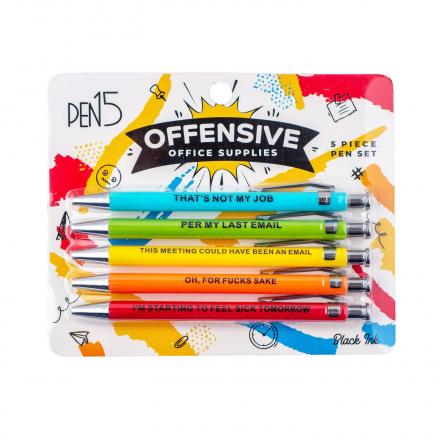 Red, yellow, green, blue, and orange colored Offensive Office Pens set