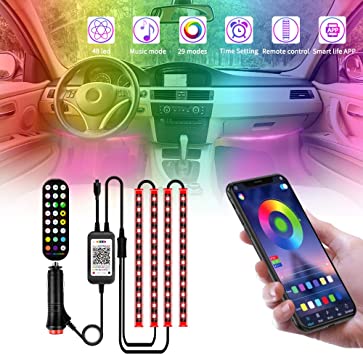 Car led strip light and a hand using phone to control it