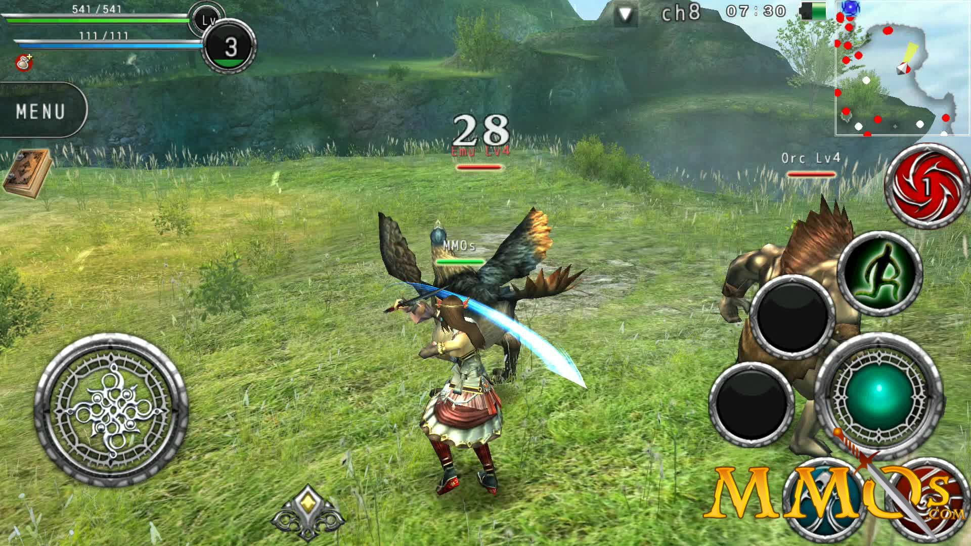 Actual Avabel Online with a female warrior fighting and distinct buttons on each side