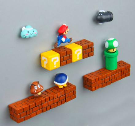 Super Mario Wall set including three bricked blocks, green pipe, mushroom, cloud and red and blue dressed super mario
