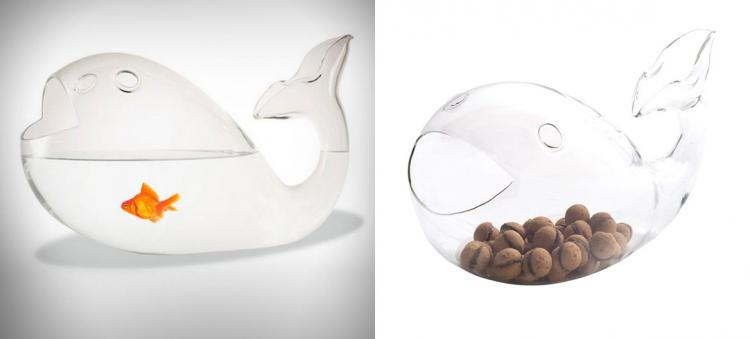 Whale-shaped glass bowl with a goldfish inside it