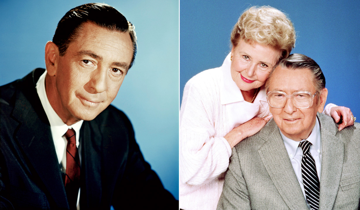 Macdonald Carey wearing a black suit and on the right is his wife leaning on Carey's shoulder