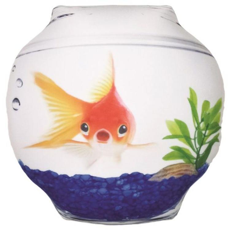 Goldfish in a water tank themed cushion case and some pebbles at the base of tank