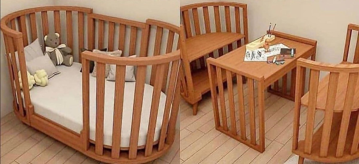 Brown wooden 4-in-1 Convertible Crib, Bassinet, And Toddler Bed on a skin wooden floor