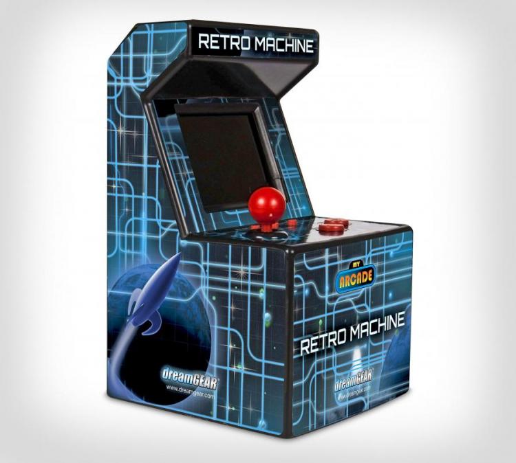Blue and black colored retro machine with red controllers