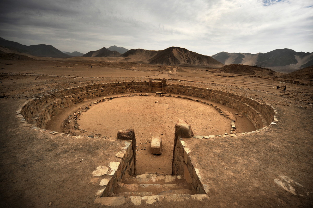 Deep ground area of demolished pyramid complex in Caral