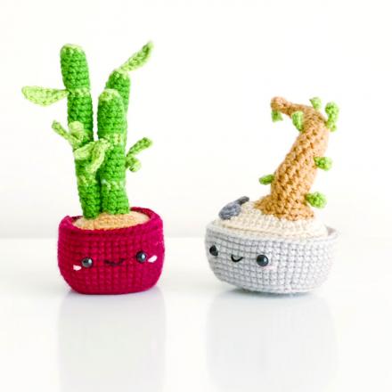 Bonsai Adorable Crochet House Plants in red and light blue crochet pot