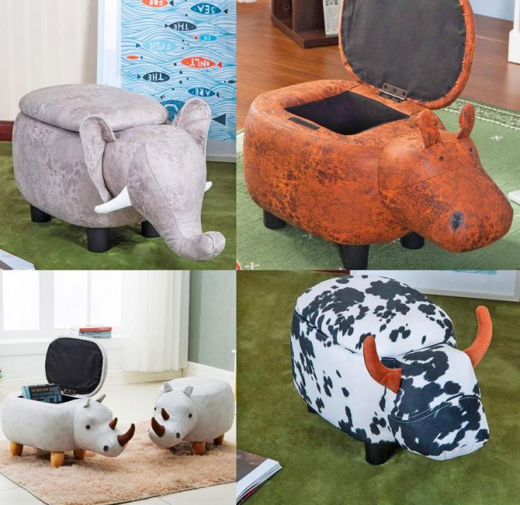 White rhino, brown hippo, black and white cow and grey elephant shape storage boxes