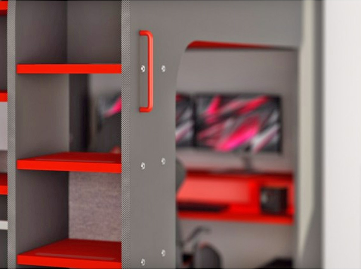 Close view of red and grey colored Pod Bed Ultimate Gaming Bed