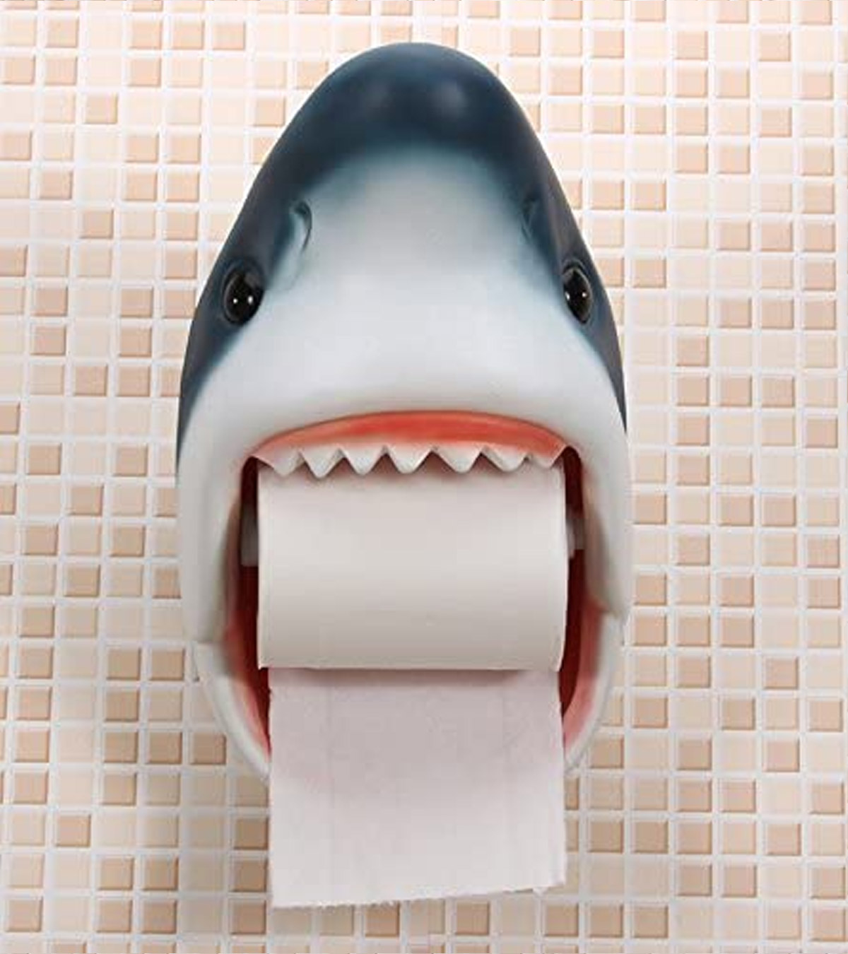 Grey and white-colored shark toilet Paper Holder's front view