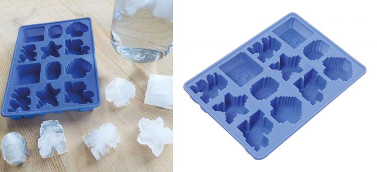 Mario game inspired blue colored ice tray on a wooden table including stars and Mario character