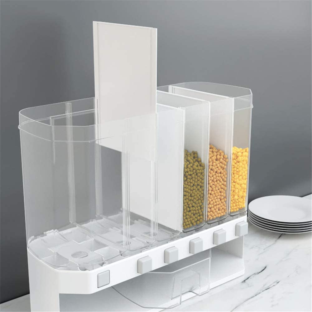 Transparent wall mounted food dispenser filled with multi-colored pulses on a white marble floor