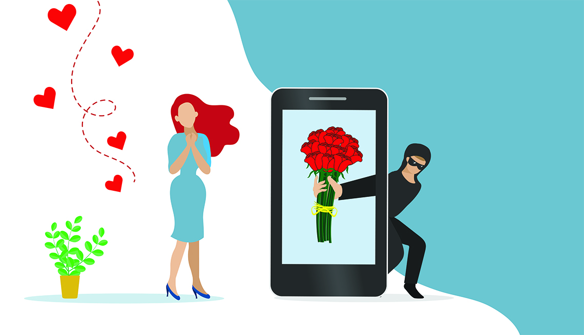 A digital illustration of a con man giving flowers to a girl through phone