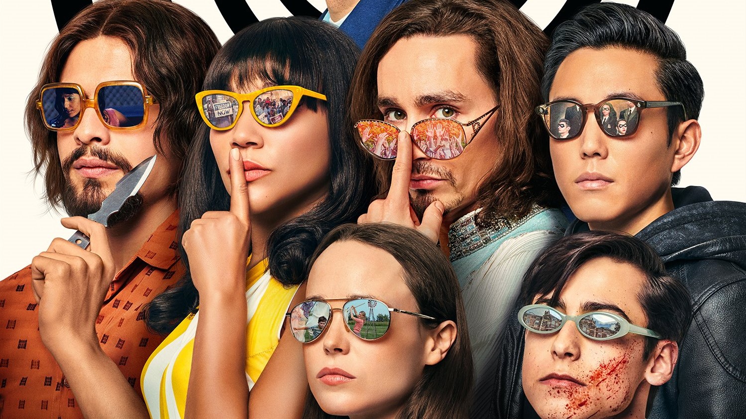 2 women and 4 men wearing specs in the poster photo of 'the umbrella academy'