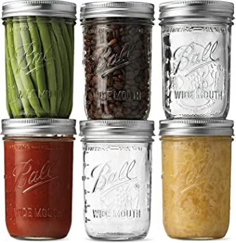 Six 16-ounce jars with different content in it